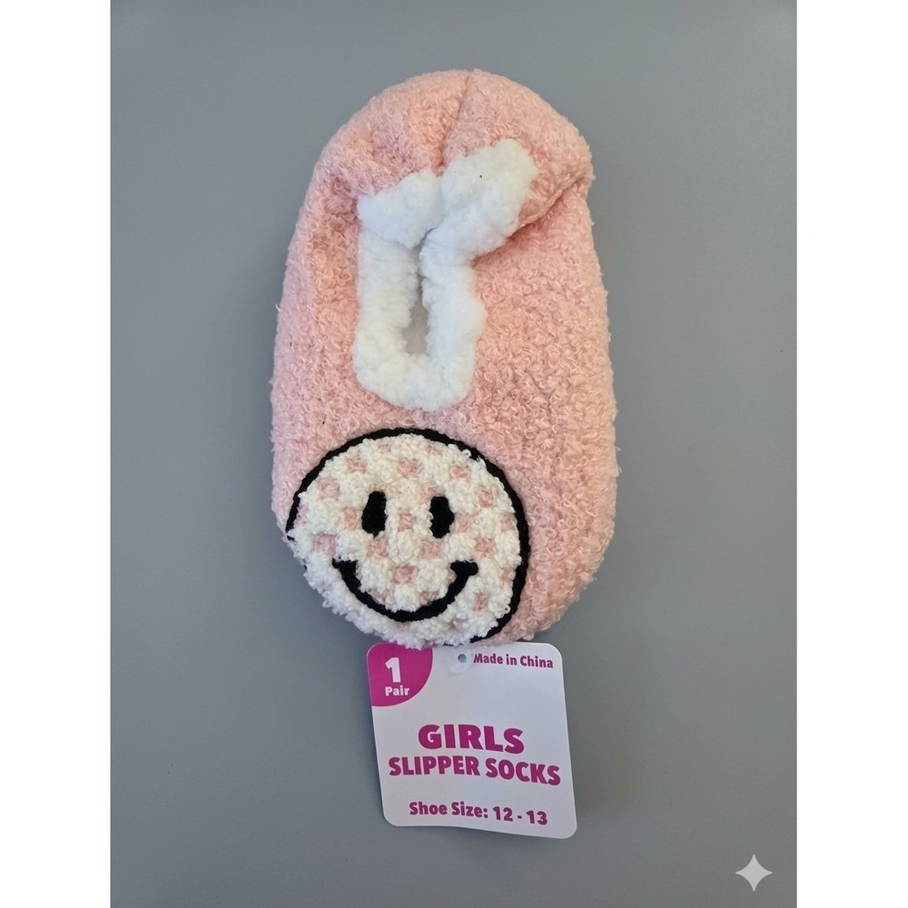 Girls Pink/White Slipper Socks Size 12-13 Faux Fur Lined Smiley Slip-On